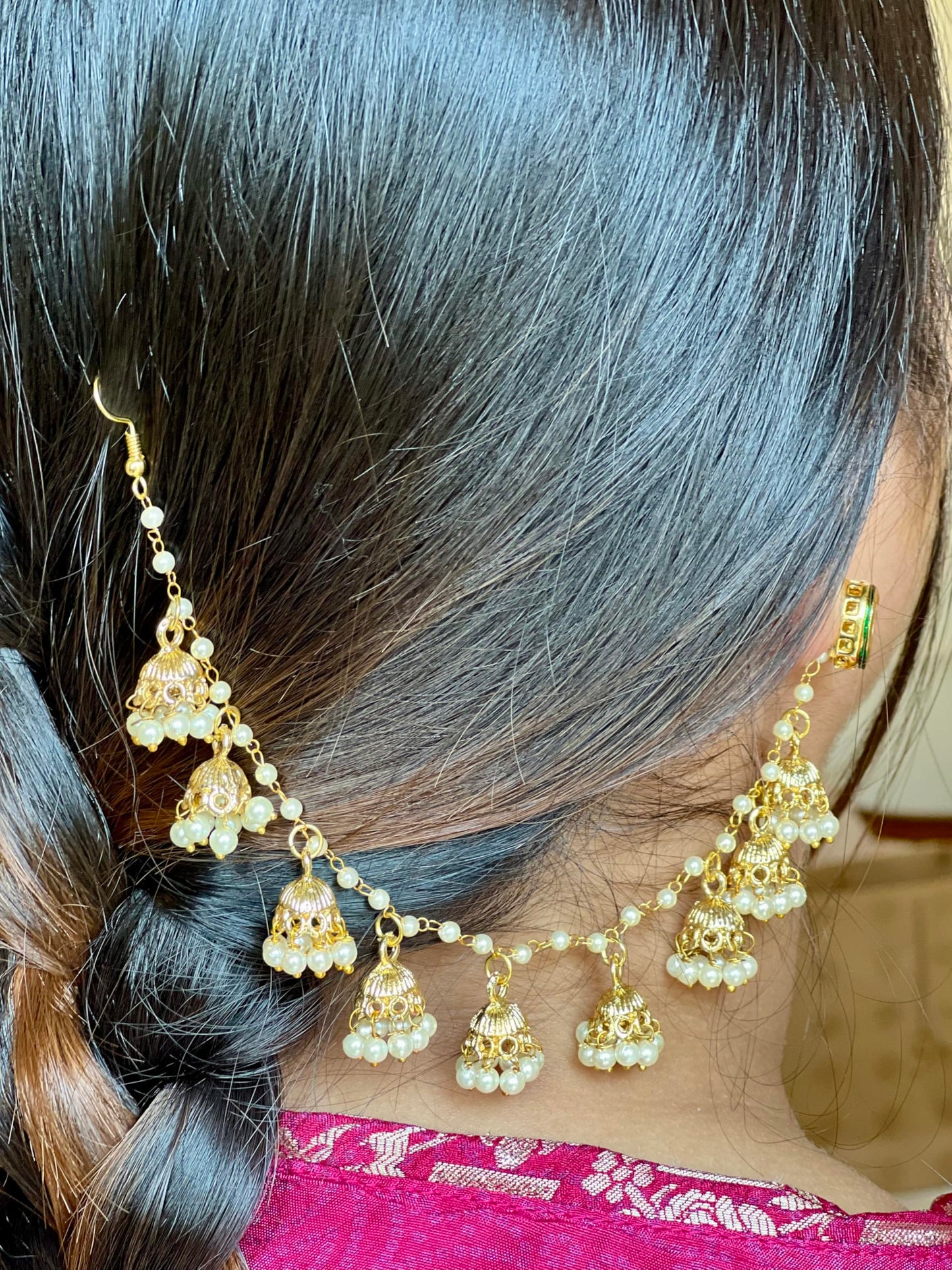 Jewellity Pearl and Gold Jhumki Hair Accessory, Ear Chain/Earring Supporter (Pair) For Girls/Women EC-206