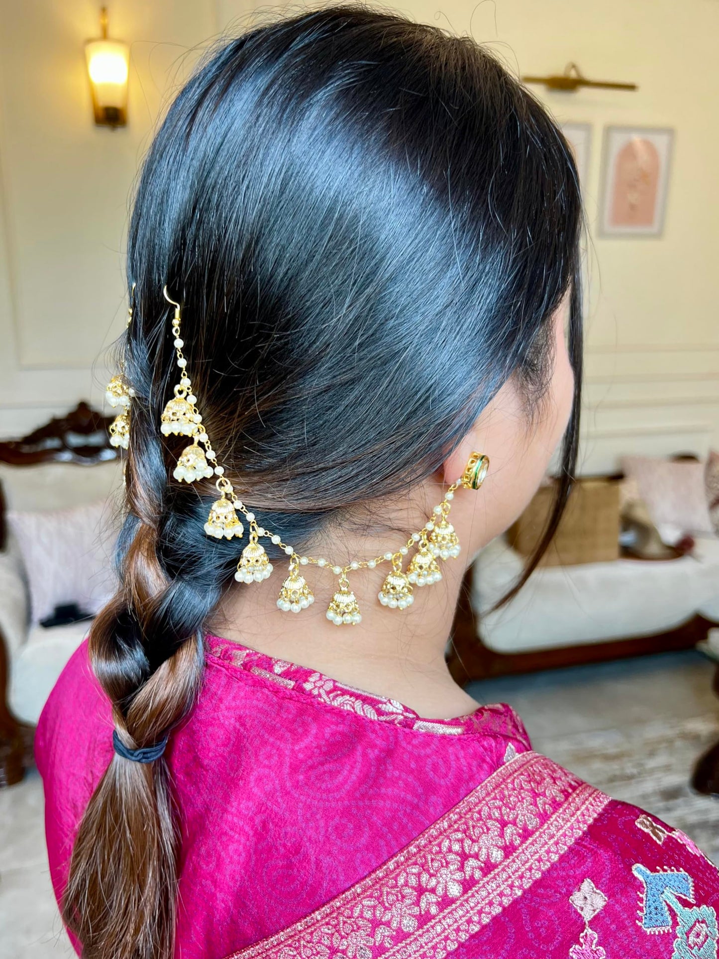 Jewellity Pearl and Gold Jhumki Hair Accessory, Ear Chain/Earring Supporter (Pair) For Girls/Women EC-206