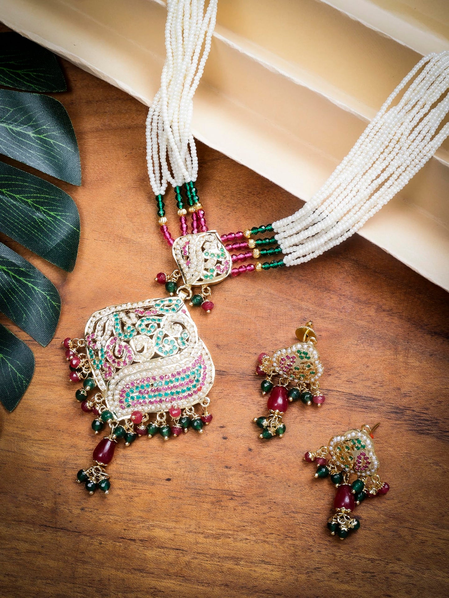 Jewellity Ruby Red, Green and White in Gold Designer Jadau Pendant Necklace With Earrings Set For Girls/Women PSJ-904