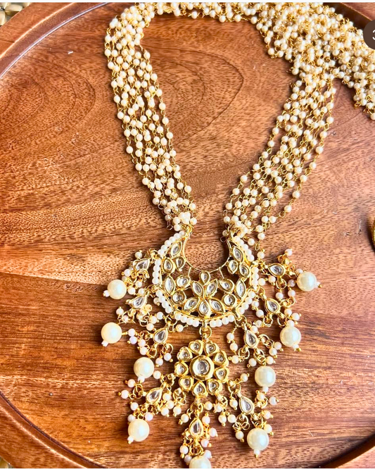 Kundan Pendant with White Pearls String Necklace (No Earrings)
