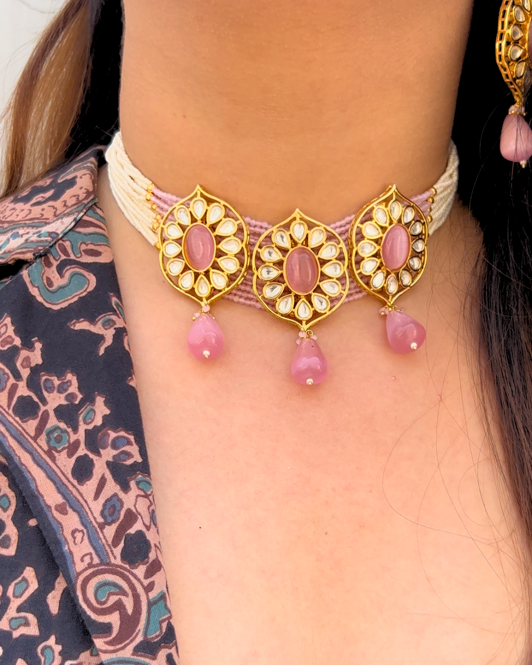 Charming Pink Polki Choker Necklace
