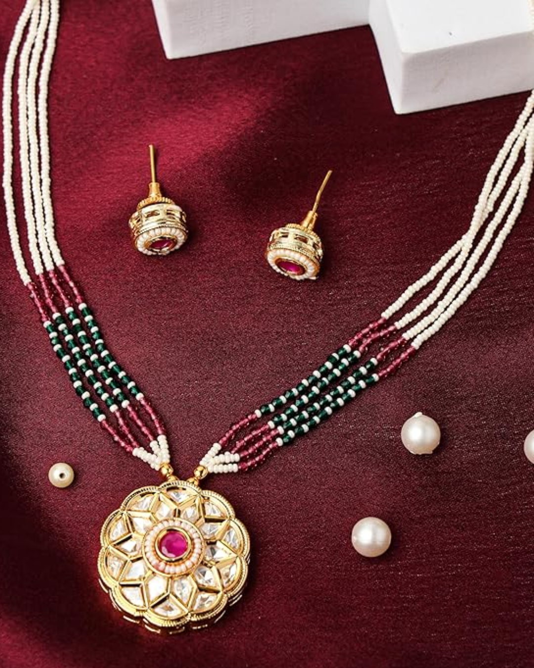 Red Green Gold Kundan Pendant Necklace with Stud Earrings